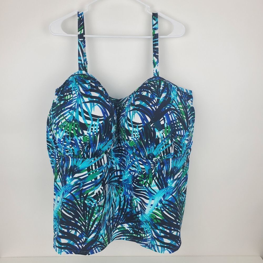 SWIMSUITS FOR ALL Colorful Leaf Tropical Tankini Top Padded Modest Coverage Nwt